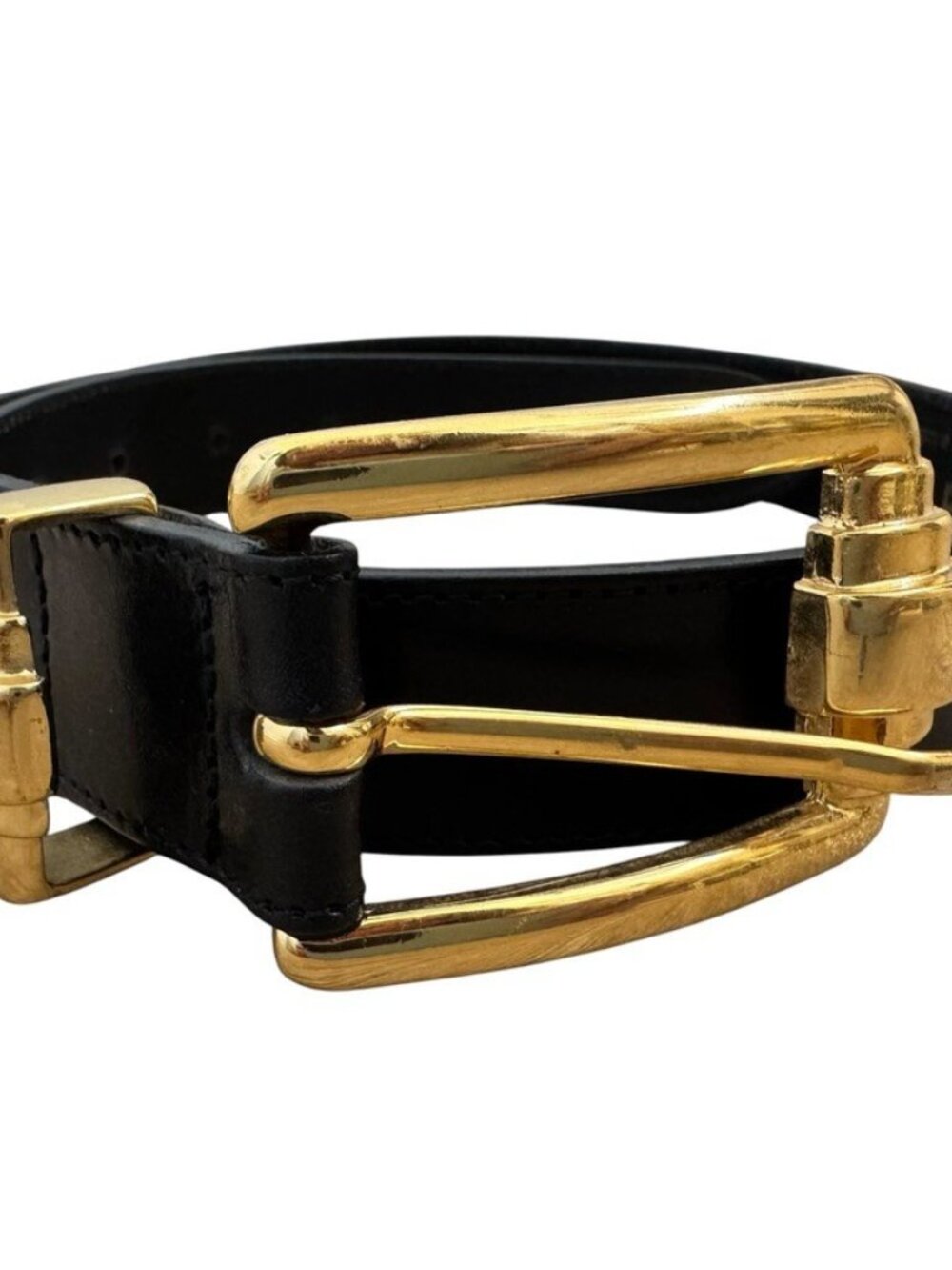 Vintage 1990s Express Black Leather Gold Buckle Waist Belt Sz S Made in Italy